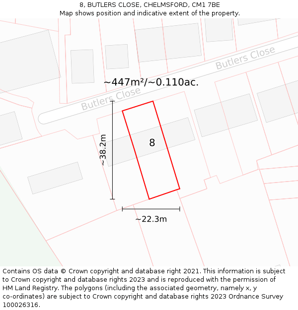 8, BUTLERS CLOSE, CHELMSFORD, CM1 7BE: Plot and title map