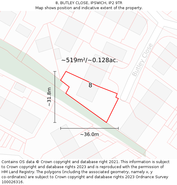 8, BUTLEY CLOSE, IPSWICH, IP2 9TR: Plot and title map