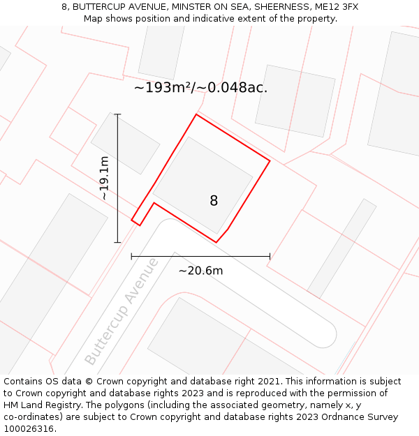 8, BUTTERCUP AVENUE, MINSTER ON SEA, SHEERNESS, ME12 3FX: Plot and title map