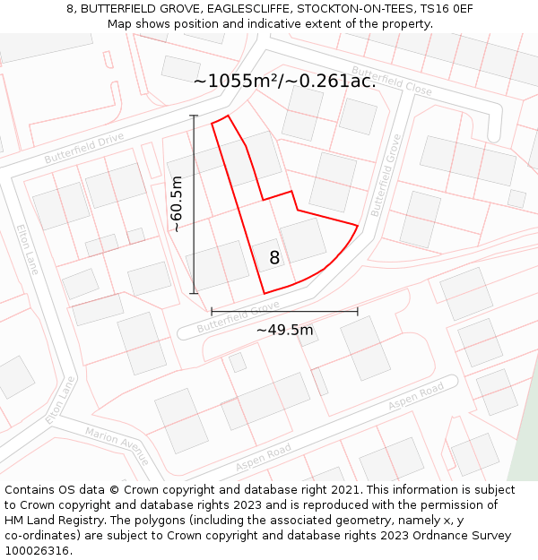 8, BUTTERFIELD GROVE, EAGLESCLIFFE, STOCKTON-ON-TEES, TS16 0EF: Plot and title map