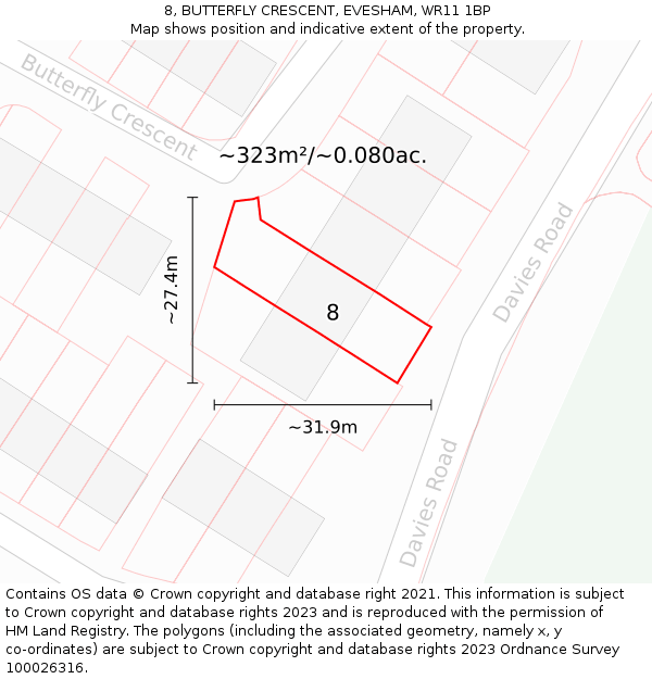 8, BUTTERFLY CRESCENT, EVESHAM, WR11 1BP: Plot and title map