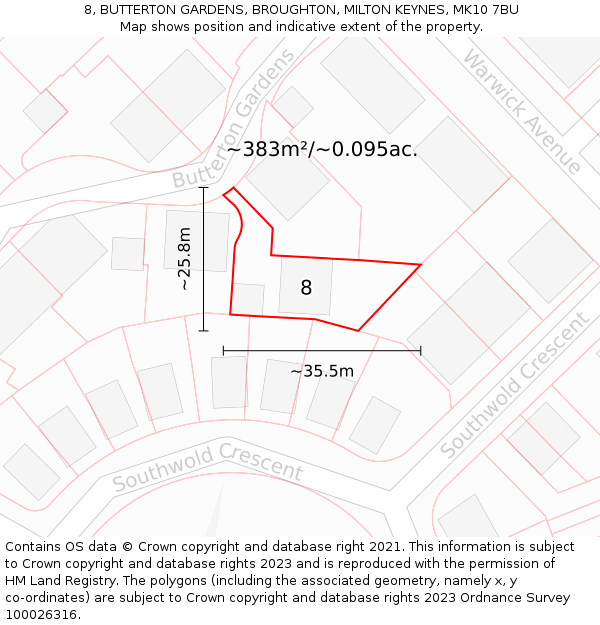 8, BUTTERTON GARDENS, BROUGHTON, MILTON KEYNES, MK10 7BU: Plot and title map