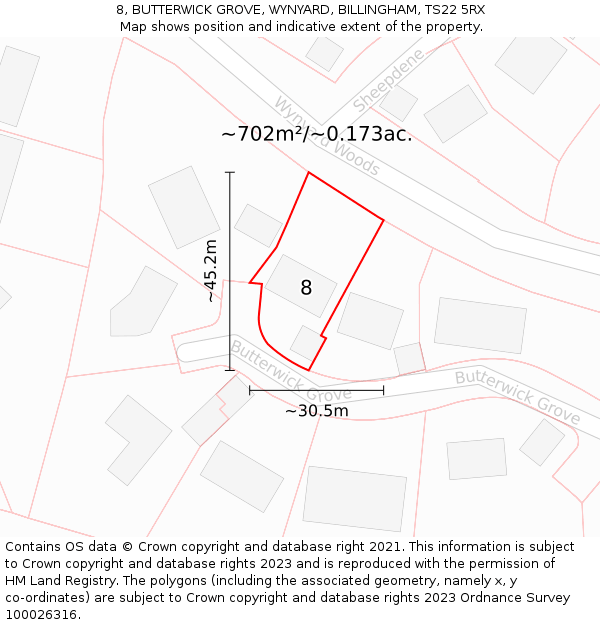 8, BUTTERWICK GROVE, WYNYARD, BILLINGHAM, TS22 5RX: Plot and title map