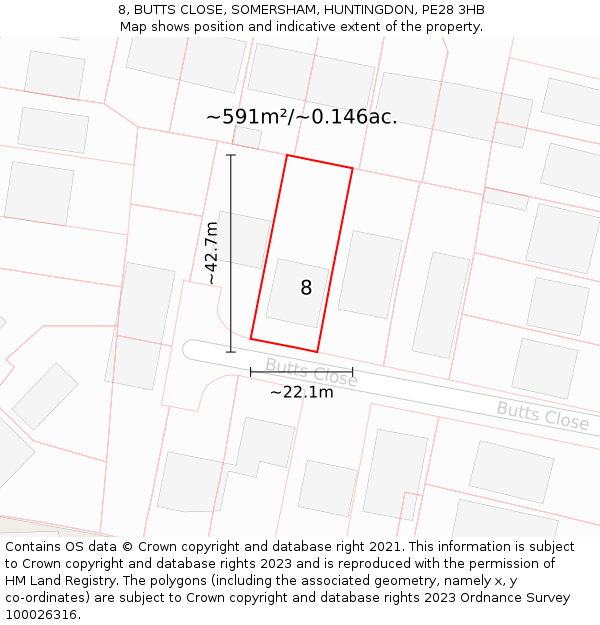 8, BUTTS CLOSE, SOMERSHAM, HUNTINGDON, PE28 3HB: Plot and title map