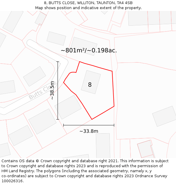 8, BUTTS CLOSE, WILLITON, TAUNTON, TA4 4SB: Plot and title map