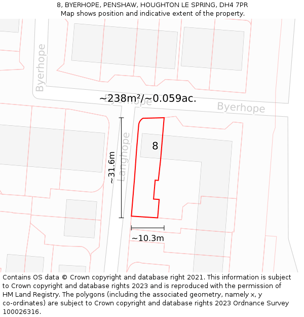 8, BYERHOPE, PENSHAW, HOUGHTON LE SPRING, DH4 7PR: Plot and title map