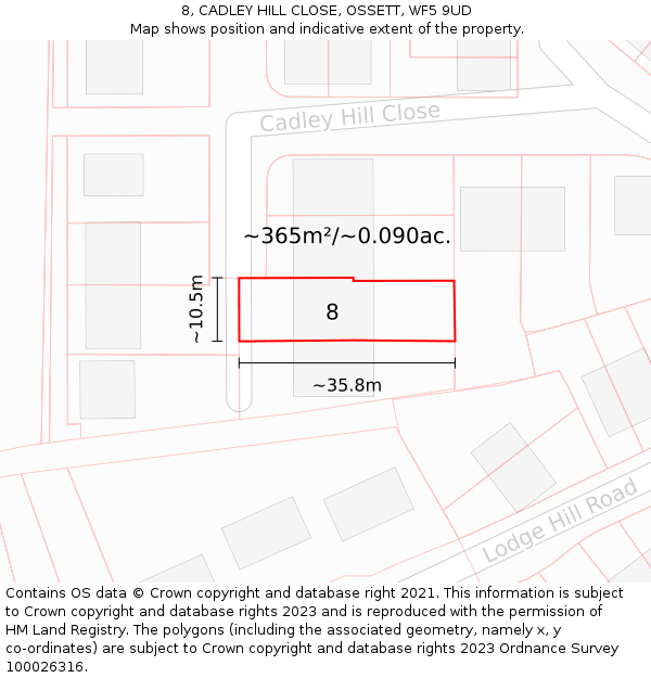 8, CADLEY HILL CLOSE, OSSETT, WF5 9UD: Plot and title map