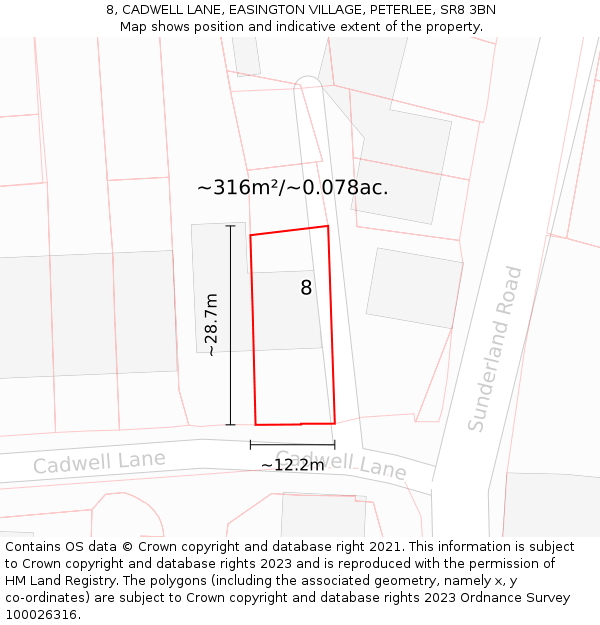 8, CADWELL LANE, EASINGTON VILLAGE, PETERLEE, SR8 3BN: Plot and title map