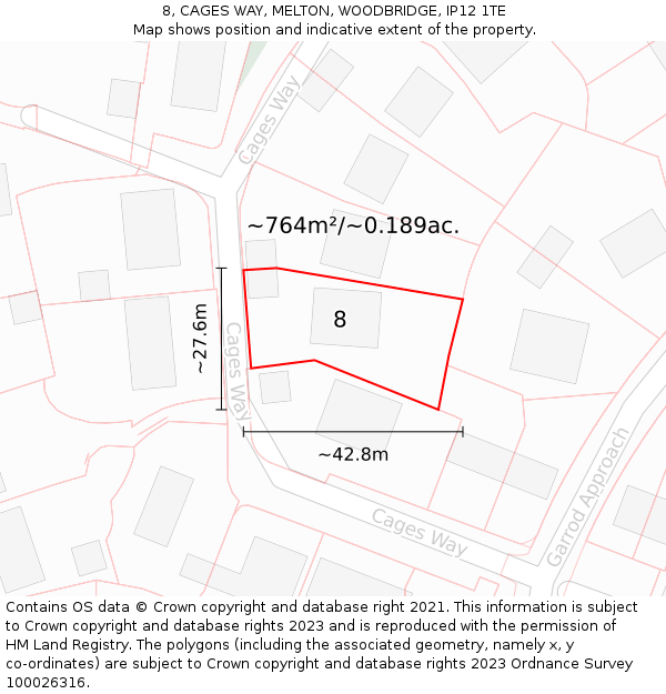 8, CAGES WAY, MELTON, WOODBRIDGE, IP12 1TE: Plot and title map