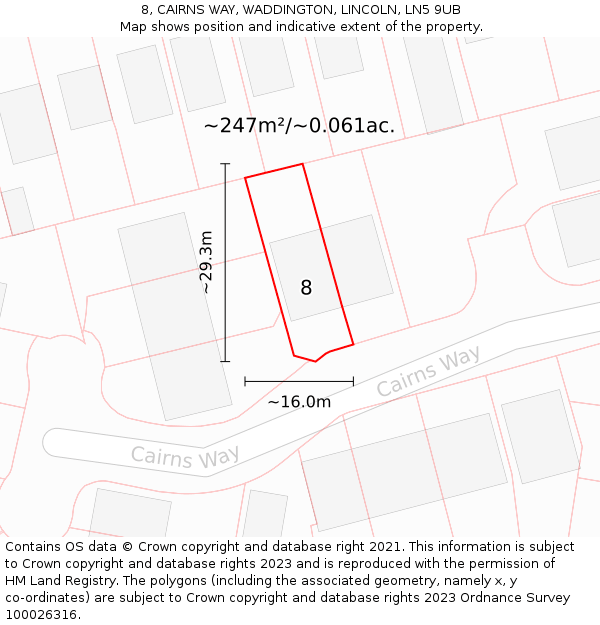 8, CAIRNS WAY, WADDINGTON, LINCOLN, LN5 9UB: Plot and title map