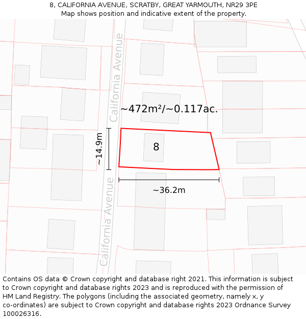 8, CALIFORNIA AVENUE, SCRATBY, GREAT YARMOUTH, NR29 3PE: Plot and title map