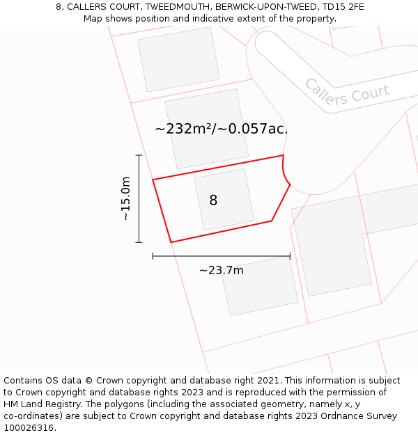 8, CALLERS COURT, TWEEDMOUTH, BERWICK-UPON-TWEED, TD15 2FE: Plot and title map