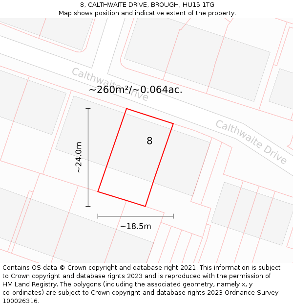 8, CALTHWAITE DRIVE, BROUGH, HU15 1TG: Plot and title map
