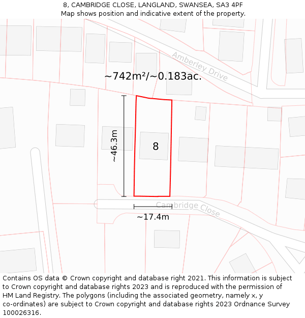 8, CAMBRIDGE CLOSE, LANGLAND, SWANSEA, SA3 4PF: Plot and title map