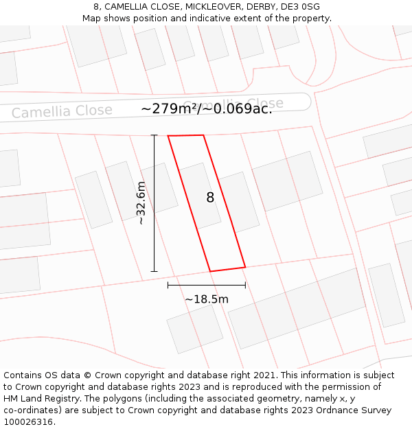 8, CAMELLIA CLOSE, MICKLEOVER, DERBY, DE3 0SG: Plot and title map