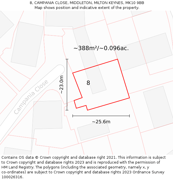 8, CAMPANIA CLOSE, MIDDLETON, MILTON KEYNES, MK10 9BB: Plot and title map