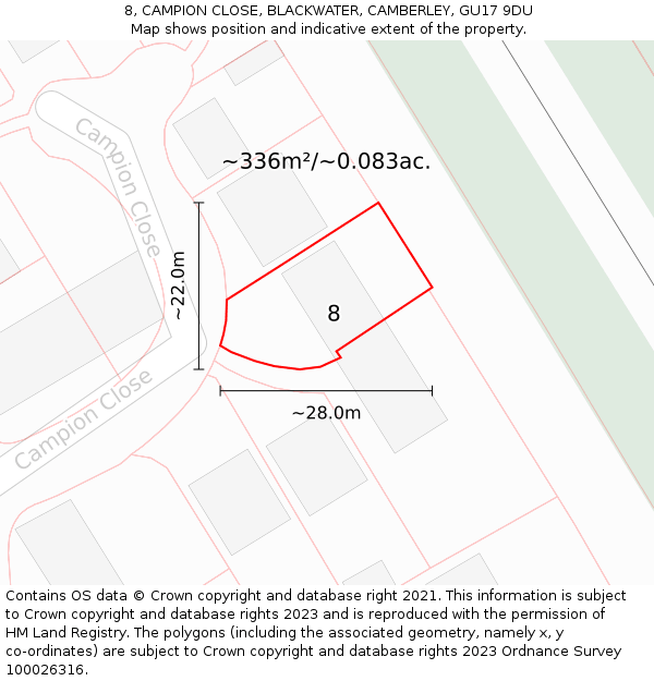 8, CAMPION CLOSE, BLACKWATER, CAMBERLEY, GU17 9DU: Plot and title map