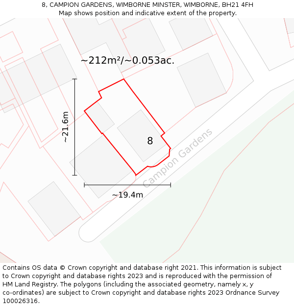 8, CAMPION GARDENS, WIMBORNE MINSTER, WIMBORNE, BH21 4FH: Plot and title map
