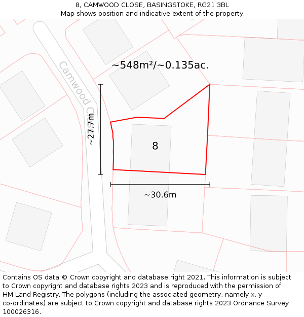 8, CAMWOOD CLOSE, BASINGSTOKE, RG21 3BL: Plot and title map