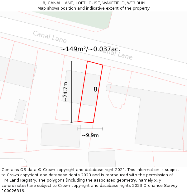 8, CANAL LANE, LOFTHOUSE, WAKEFIELD, WF3 3HN: Plot and title map