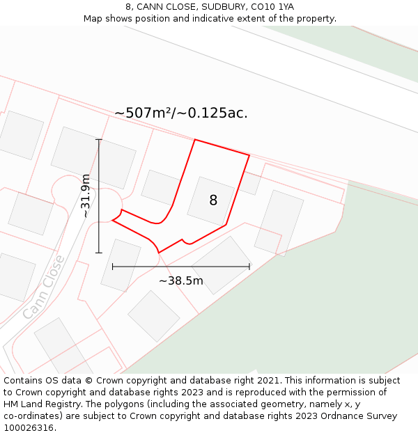 8, CANN CLOSE, SUDBURY, CO10 1YA: Plot and title map