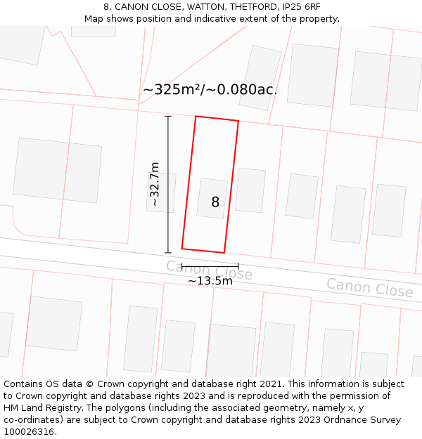 8, CANON CLOSE, WATTON, THETFORD, IP25 6RF: Plot and title map