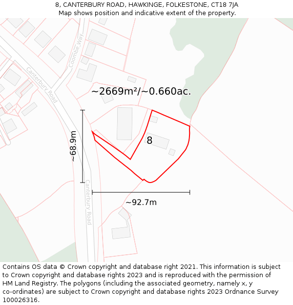 8, CANTERBURY ROAD, HAWKINGE, FOLKESTONE, CT18 7JA: Plot and title map