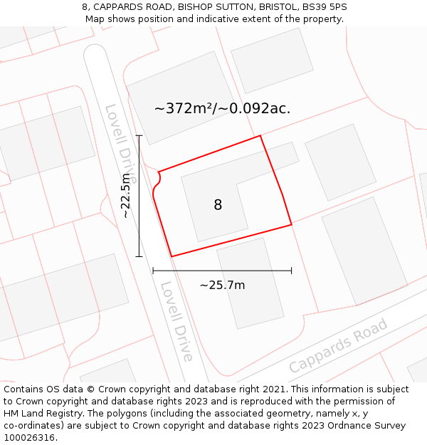 8, CAPPARDS ROAD, BISHOP SUTTON, BRISTOL, BS39 5PS: Plot and title map