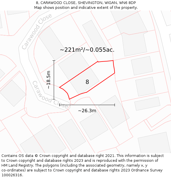 8, CARAWOOD CLOSE, SHEVINGTON, WIGAN, WN6 8DP: Plot and title map