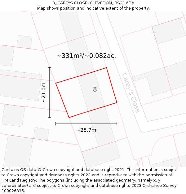8, CAREYS CLOSE, CLEVEDON, BS21 6BA: Plot and title map