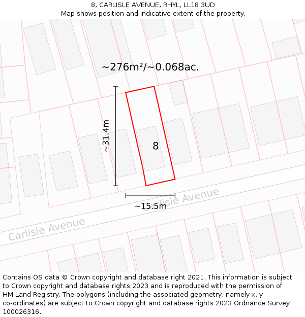 8, CARLISLE AVENUE, RHYL, LL18 3UD: Plot and title map