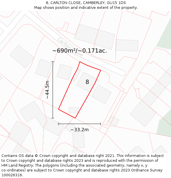 8, CARLTON CLOSE, CAMBERLEY, GU15 1DS: Plot and title map