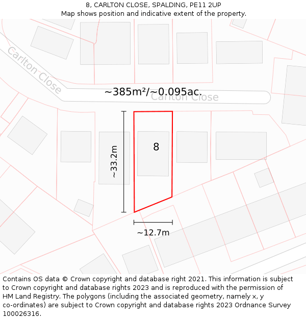 8, CARLTON CLOSE, SPALDING, PE11 2UP: Plot and title map