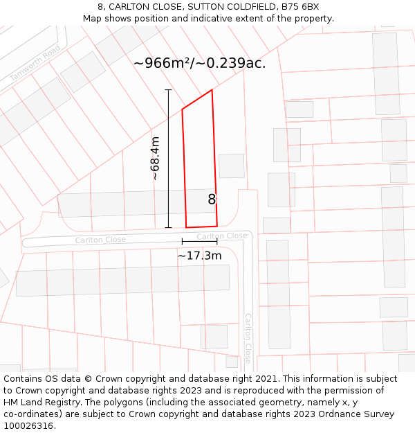 8, CARLTON CLOSE, SUTTON COLDFIELD, B75 6BX: Plot and title map