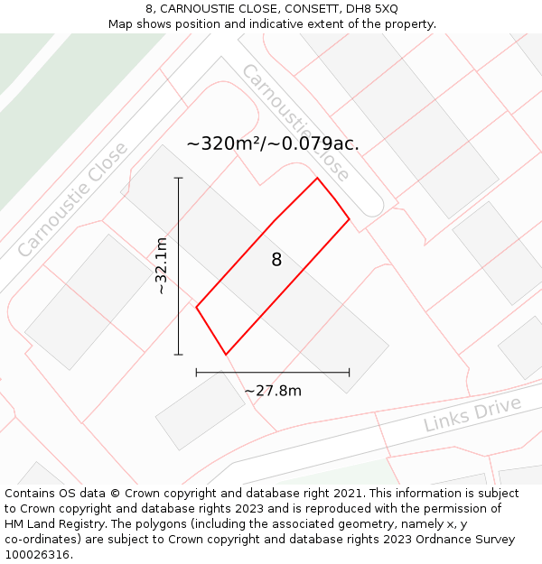 8, CARNOUSTIE CLOSE, CONSETT, DH8 5XQ: Plot and title map