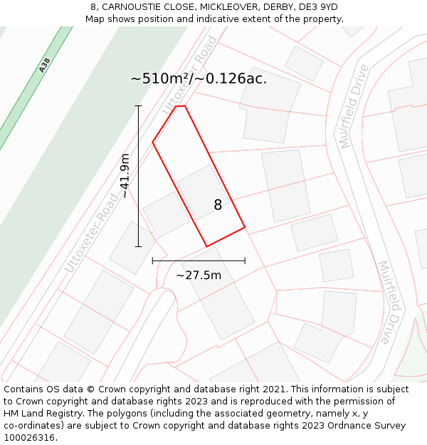 8, CARNOUSTIE CLOSE, MICKLEOVER, DERBY, DE3 9YD: Plot and title map