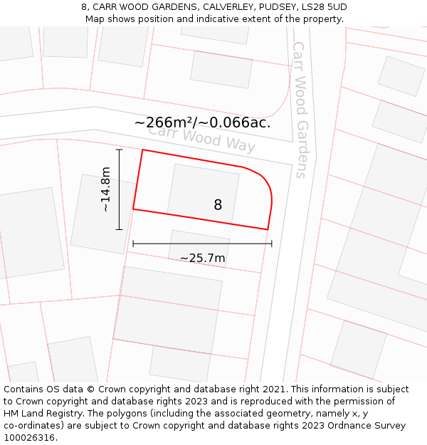 8, CARR WOOD GARDENS, CALVERLEY, PUDSEY, LS28 5UD: Plot and title map