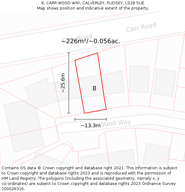 8, CARR WOOD WAY, CALVERLEY, PUDSEY, LS28 5UE: Plot and title map
