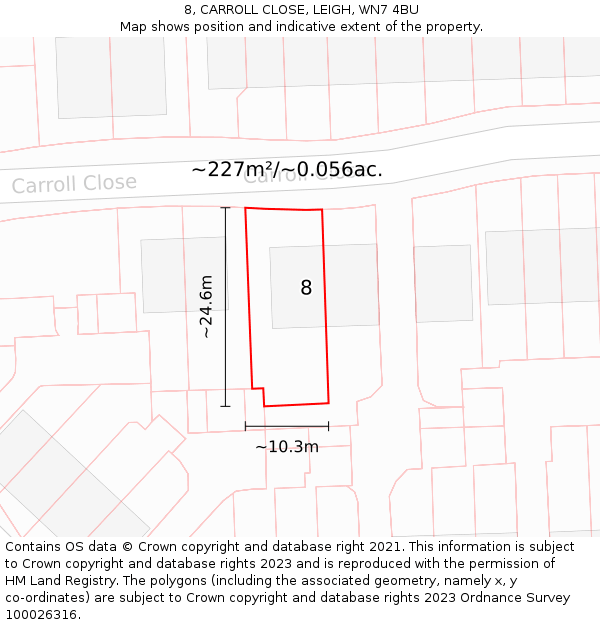 8, CARROLL CLOSE, LEIGH, WN7 4BU: Plot and title map