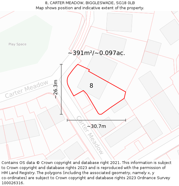 8, CARTER MEADOW, BIGGLESWADE, SG18 0LB: Plot and title map