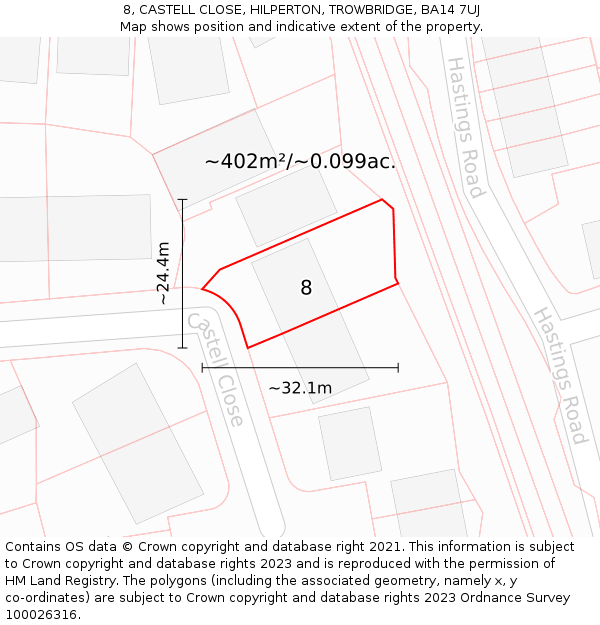 8, CASTELL CLOSE, HILPERTON, TROWBRIDGE, BA14 7UJ: Plot and title map