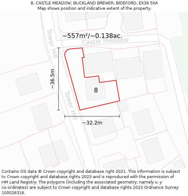 8, CASTLE MEADOW, BUCKLAND BREWER, BIDEFORD, EX39 5XA: Plot and title map
