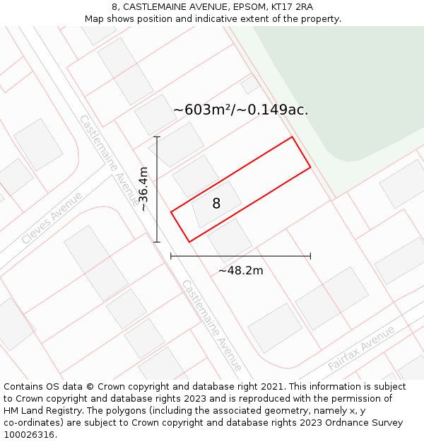 8, CASTLEMAINE AVENUE, EPSOM, KT17 2RA: Plot and title map