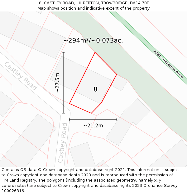 8, CASTLEY ROAD, HILPERTON, TROWBRIDGE, BA14 7RF: Plot and title map