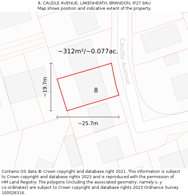 8, CAUDLE AVENUE, LAKENHEATH, BRANDON, IP27 9AU: Plot and title map