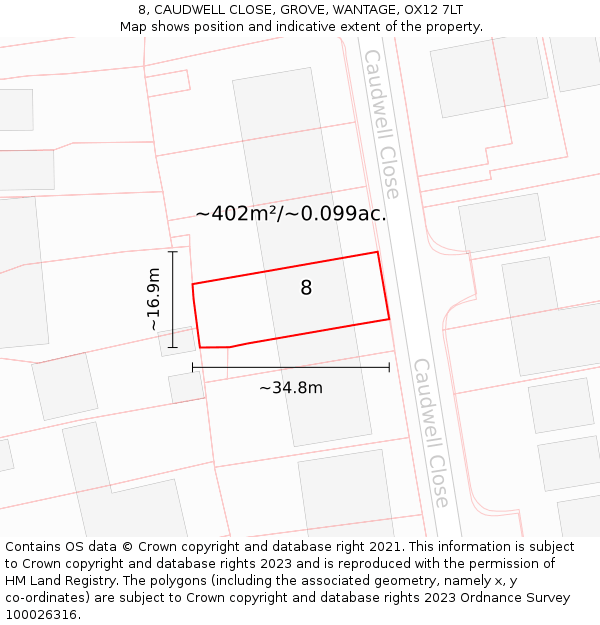 8, CAUDWELL CLOSE, GROVE, WANTAGE, OX12 7LT: Plot and title map