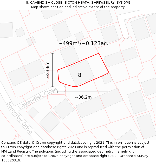 8, CAVENDISH CLOSE, BICTON HEATH, SHREWSBURY, SY3 5PG: Plot and title map