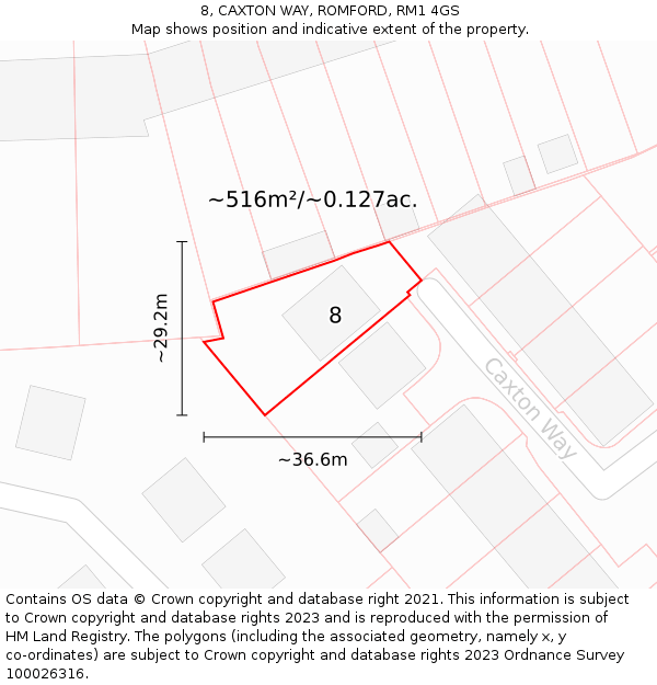 8, CAXTON WAY, ROMFORD, RM1 4GS: Plot and title map