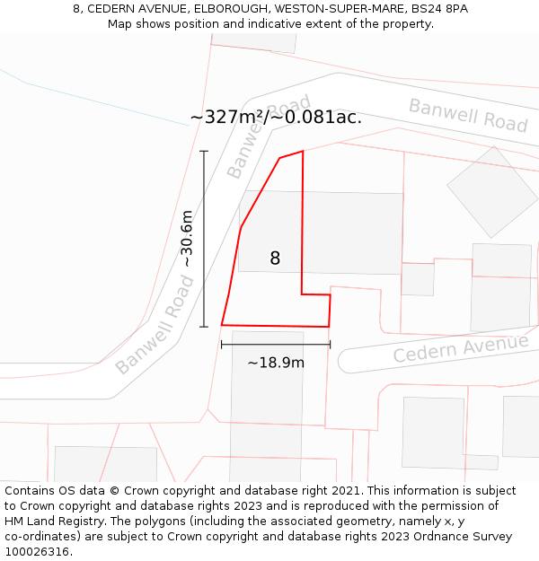 8, CEDERN AVENUE, ELBOROUGH, WESTON-SUPER-MARE, BS24 8PA: Plot and title map