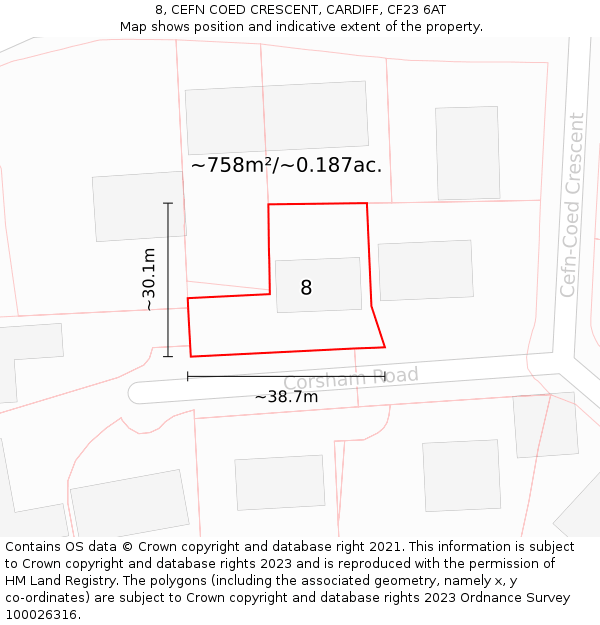 8, CEFN COED CRESCENT, CARDIFF, CF23 6AT: Plot and title map